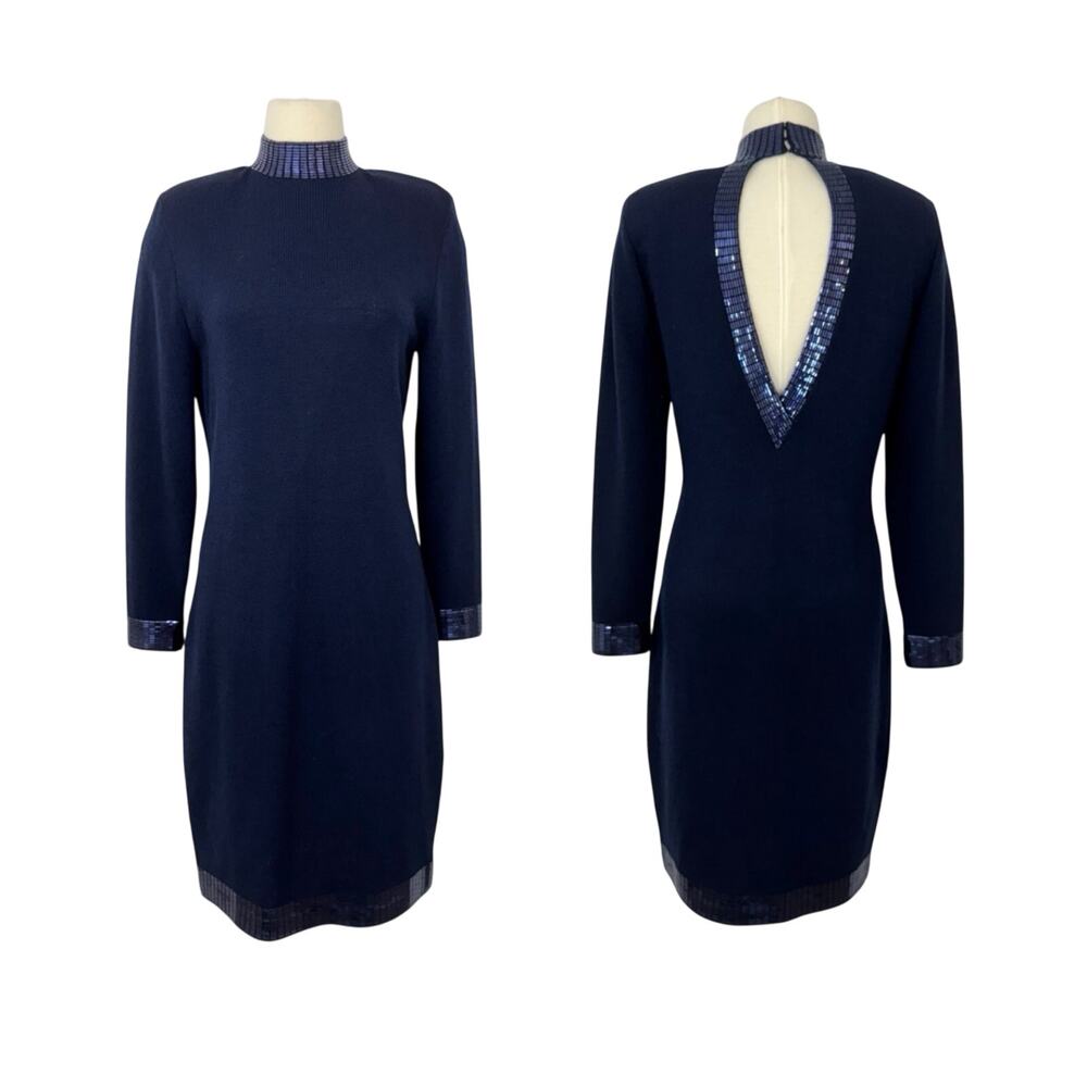 St. John Paillette Embellished Long Sleeve High Neck Sweater Knit Dress Navy 6